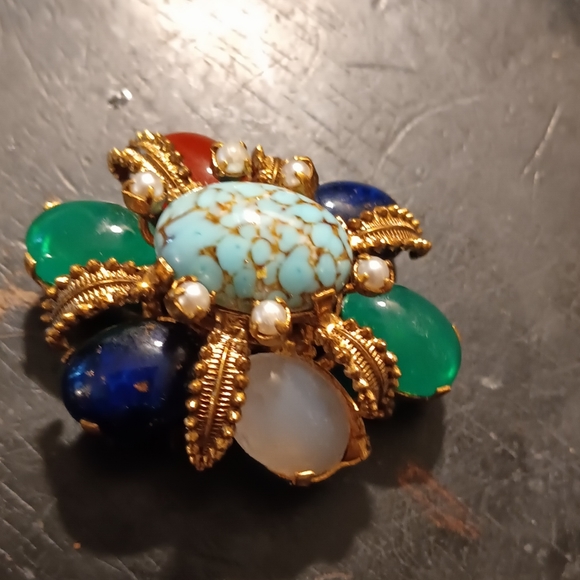 Vintage Goldtone Gemstone Green Emerald, Blue Lapis Lazuli,white Quartz, Brooch. - Picture 4 of 4